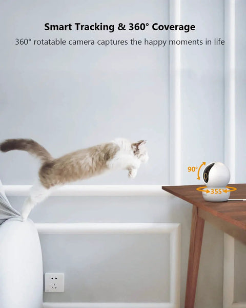 4MP QHD Indoor Pan Tilt Security Cam with Plug In WiFi Night Vision Baby Monitor, tracking a cat's jump