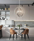 Dope Modern 4 Light Globe Chandelier In Brushed Nickel, Adjustable Height With 59in Wire And Chain, hanging in dining area
