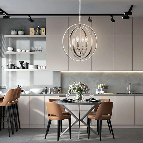 Dope Modern 4 Light Globe Chandelier In Brushed Nickel, Adjustable Height With 59in Wire And Chain, hanging in dining area
