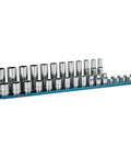 3/8 Inch Drive 12 Point Socket Set For Tough Jobs, Shallow And Deep Sockets, Metric 8 to 19 mm, 24-Piece With Aluminum Rail