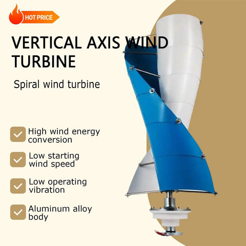 Big Power 3KW Vertical Axis Wind Turbine Generator Kit with 48V Output, starts at low wind speeds, aluminum body