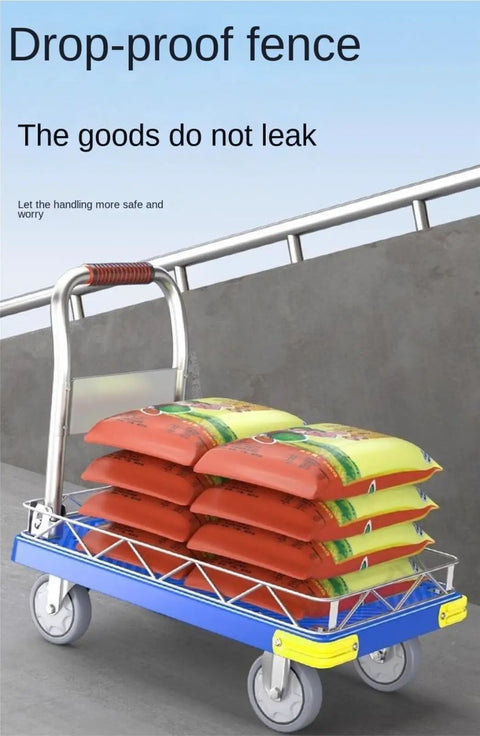 Heavy Duty Platform Cart With Removable Wire Fence Converts To Flatbed, 400kg Capacity, Quiet 12.7cm Wheels, Dual Swivel Casters, Go To Appliance And Material Moving Dolly loaded with sacks