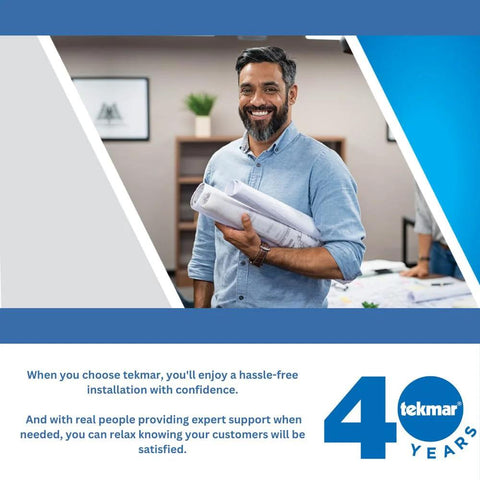 Tekmar universal temperature sensor 071; man in blue shirt holds blueprints in an office, Tekmar 40 Years logo visible.