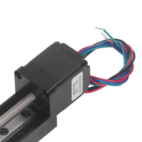 Built Legit 100 Mm Stroke Slide Table Single Rail Linear Stage Stepper Motor Driven X Y Z Axis Platform Heavy Duty Steel Chassis close-up of stepper motor with wires.