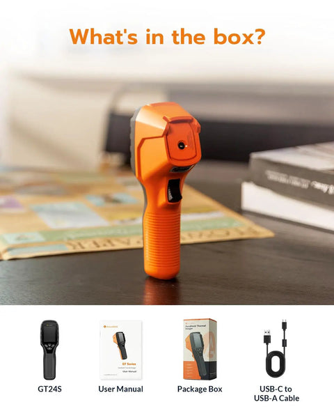 High Resolution Thermal Imaging Camera With 320x240 IR Sensor UIRA IR Thermometer Mode Native Heat Data And AI Powered Detection Portable Handheld Infrared Camera For Pros And DIY Enthusiasts orange, GT24S, manual, box, USB-C cable