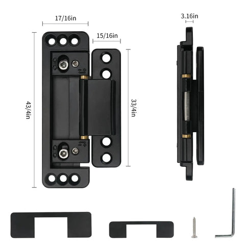 Ultra Thin Concealed Door Hinges That Stay Put With No Sag And 2 Way Adjustable Tech, black finish, with dimensions, screws, and parts