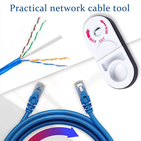 Close-up of Universal Network Wire Stripping Tool For Cat5e To Cat8, Coaxial Cable Stripper And Cutter with cables and tool.