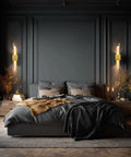 NICRX 2 Pieces Modern Gold LED Wall Sconce, Geometric Metal and Acrylic Vertical Wall Lamp, Minimalist LED Light for Bedroom, Living Room, Hallway – 8 W, 48 cm, 3 Light Tones (2pcs-L&D) installed on dark gray wall in a chic bedroom.