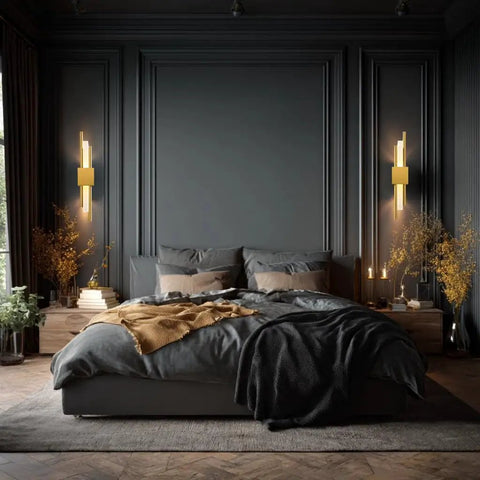 NICRX 2 Pieces Modern Gold LED Wall Sconce, Geometric Metal and Acrylic Vertical Wall Lamp, Minimalist LED Light for Bedroom, Living Room, Hallway – 8 W, 48 cm, 3 Light Tones (2pcs-L&D) installed on dark gray wall in a chic bedroom.