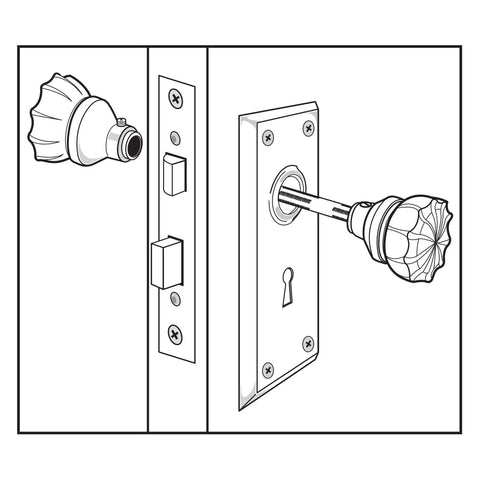 Diagram of Old Timey Vintage Style Indoor Mortise Lock Assembly Kit With Cast Steel Brass Plated Finish Antique Skeleton Key Backset 1/4 Inch Square Spindle Reversible Latch Bolt Single Pack For Classic Doors, showing knob and latch components.