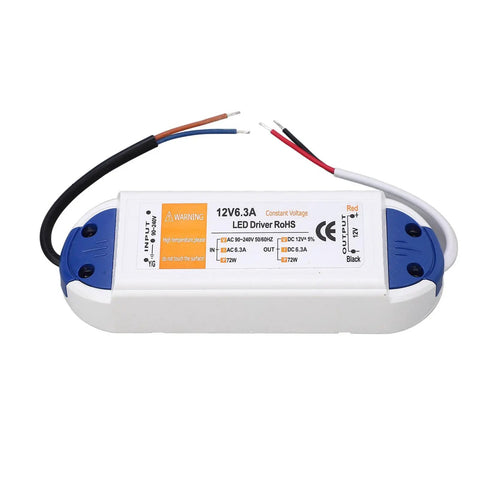 LED Driver 6.3A 72W Power Supply Transformer 90 240V AC To 12V DC For LED Strips Bulbs Computer Projects Industrial Outdoor Lighting Applications Pro Grade High Power Reliable Converter For Home Garage Workshop, white plastic unit with wires