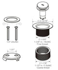 Diagram of Tub Drain Conversion Kit With Two Hole Overflow Faceplate In Brushed Nickel showing components and dimensions.