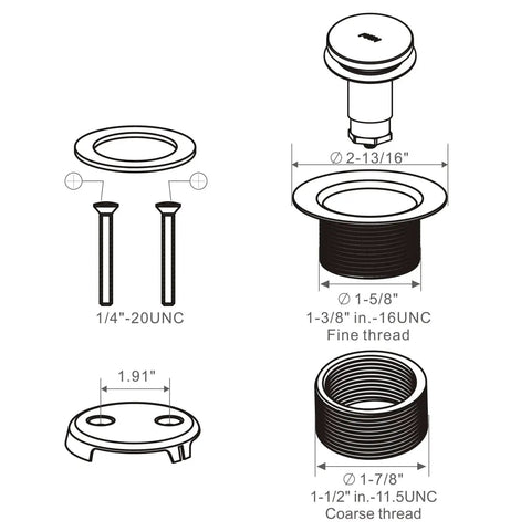 Diagram of Tub Drain Conversion Kit With Two Hole Overflow Faceplate In Brushed Nickel showing components and dimensions.