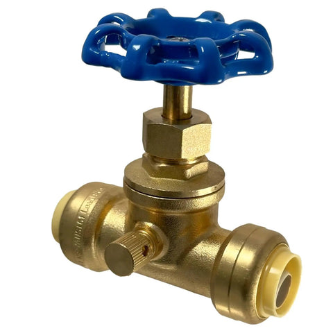 Half Inch Push Fit Stop Valve With Drain And Vent For Pex Copper CPVC PERT HDPE Brass Plumbing Fitting, blue handle