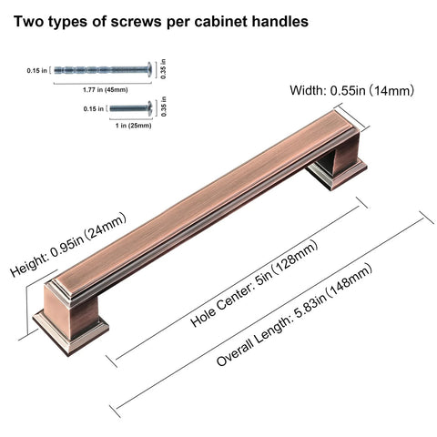 Dimensions and screw details of 5 Inch Brushed Antique Copper Cabinet Hardware Pulls for Kitchen and Furniture, includes 10 pack.