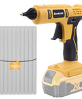 Cordless Hot Glue Gun Kit Powered By A 20V Battery Includes 20 Glue Sticks 0.43 Inch And Insulated Copper Nozzle Full Size Tool Battery Not Included For DIY Projects And Quick Fixes, shown with glue sticks and copper nozzle.
