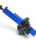 Universal Bike Disc Brake Piston Press Tool For Shimano And SRAM Calipers Piston Spreader And Compressor 24mm Wide 0.95 Inch Fast Piston Press For Easy Caliper Service And Maintenance in blue aluminum with caliper attached