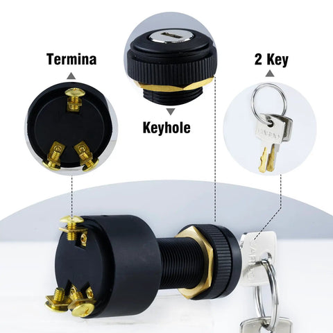 Marine Ignition Switch With 2 Keys 12V 10A 3 Position Waterproof Universal Keyed Switch showing terminal and keyhole