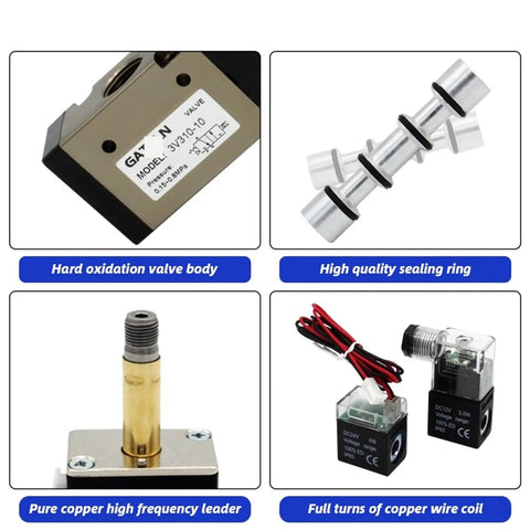 Heavy Duty 3V310-10 Solenoid Valve with 12mm Fittings, showing oxidation valve body, sealing ring, and copper components.