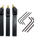 Front view: three GBJ 5/8 in turning tool holders with VNMG carbide inserts and hex keys