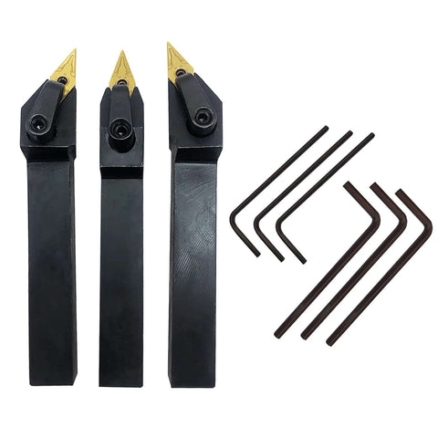 Front view: three GBJ 5/8 in turning tool holders with VNMG carbide inserts and hex keys