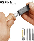 7 Piece Pen Barrel Trimming Set With Three Eighths, Seven Millimeter, Eight Millimeter, Ten Millimeter Pilot Shafts, shown with components.
