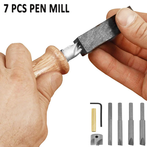 7 Piece Pen Barrel Trimming Set With Three Eighths, Seven Millimeter, Eight Millimeter, Ten Millimeter Pilot Shafts, shown with components.