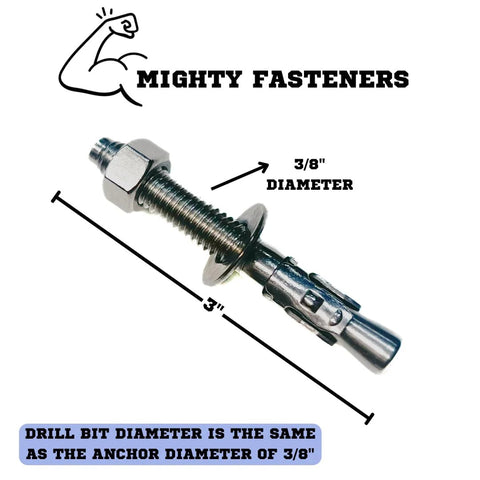 Wedge Anchors Heavy Duty 304 Stainless Steel Expansion Bolts For Concrete And Masonry 3/8" x 3" showing dimensions and drill bit size