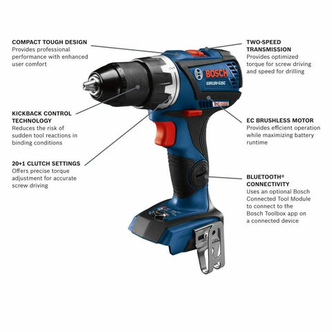 18V EC Brushless Connected Ready Compact Tough Half Inch Drill Driver With Kickback Control And 20 Plus 1 Precision Clutch Bluetooth Connectivity Bare Tool With Annotations