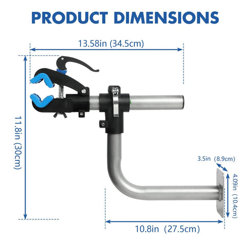 Wall Mount Bike Repair Stand with beefy adjustable clamp, folding arm, dimension diagram, designed for road and mountain bikes.