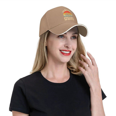 Woman wearing I Hate Pulling Out Funny Camper RV Camping Trailer Cap For Men And Women with curved brim and casual style.