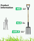 Heavy Duty 45 Inch Garden Fork 4 Tine Pitchfork With Forged Steel Y Grip And Solid Wood Handle, size and dimensions displayed