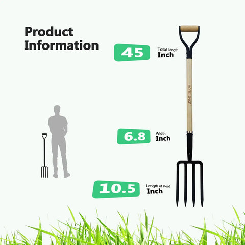 Heavy Duty 45 Inch Garden Fork 4 Tine Pitchfork With Forged Steel Y Grip And Solid Wood Handle, size and dimensions displayed