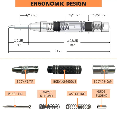 Diagram of Spring Loaded Center Punch 5 Inch Adjustable Tension Punch Tool with parts labeled: tip, middle, cap, springs.