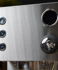 Close-up of the control panel of the Top Tier Dual Boiler Espresso Maker With Smart Thermoblock And Precise PID Temp Control in stainless steel.