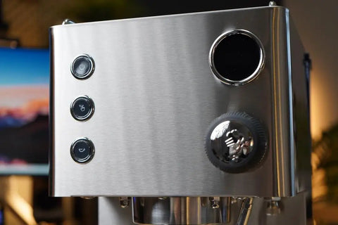 Close-up of the control panel of the Top Tier Dual Boiler Espresso Maker With Smart Thermoblock And Precise PID Temp Control in stainless steel.
