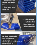 Massive Capacity Collapsible Water Bladder Tank For Gardens And Farms shown folded, under vehicle, and inflated.