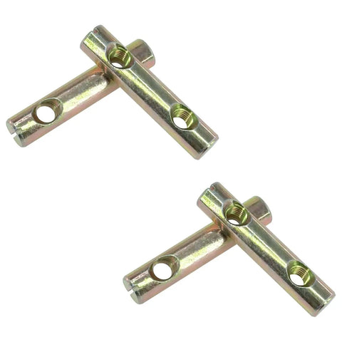 Barrel Nut Dowel Cross Dual Hole Nuts Pack Of 5 with colorful zinc-plated finish on white background.