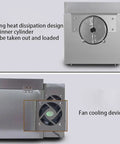 A Heavy Duty Electric Coffee And Nut Roaster Featuring Stainless Steel Heating Tubes and Digital Temp Control, showcasing cooling fan and cylinder design.