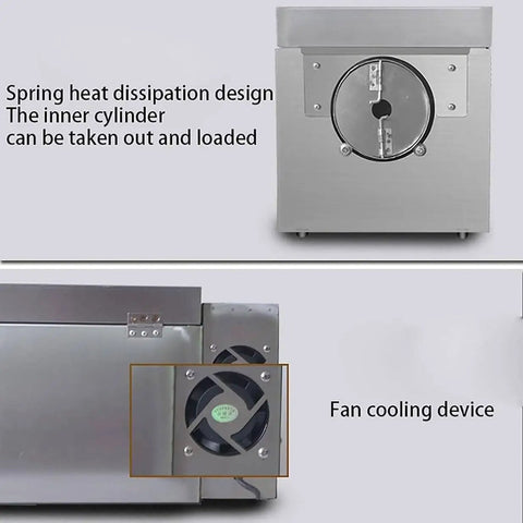 A Heavy Duty Electric Coffee And Nut Roaster Featuring Stainless Steel Heating Tubes and Digital Temp Control, showcasing cooling fan and cylinder design.