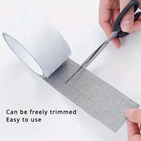 Heavy Duty Mosquito Mesh Repair Tape 2M Patch being cut with scissors, quick fix for holes and tears in dorm screens and curtains.