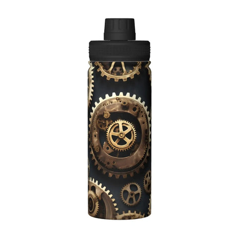 Steampunk Gears Print Insulated Water Bottle for gym outdoor travel and office use, durable double wall stainless steel keeps drinks hot or cold