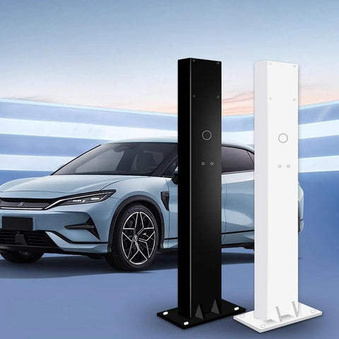 Badass EV Charger Cable Holder And Weatherproof Station Box For Outdoor Parking Spots Electric Vehicle Cord Protector in black and white near car