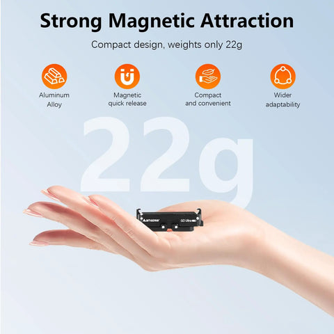 Magnetic Quick Release Adapter Mount for Insta360 GO Ultra held in hand, showing the compact aluminum build and 22g weight.