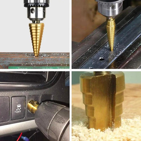Step Drill Bit Set 4 To 22mm HSS Titanium Coated With Quick Change Cone and 1 Quarter Inch Hex Shank used in metal and wood drilling