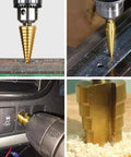 Step Drill Bit Set 4-32mm HSS Titanium Coated Quick Change Cone Bit With One Quarter Inch Hex Shank For Metal Plastic Wood in use