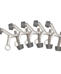 Five Pack Hinge Pin Door Stops With Rubber Tips And Wall Protectors, Satin Nickel Adjustable Door Stoppers For Easy Install, Keeps Doors From Slamming And Walls From Scratching, Home Door Guard Kit displayed in a row