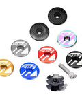 Bike Headset Top Cap Kit For 1-1/8 Inch Forks, Aluminum Alloy Or Carbon Fiber Construction, showed in various colors with bolt and star nut