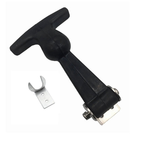 Two-piece T-handle draw latch set, black rubber grip, SUS304 stainless steel, includes strike plate.