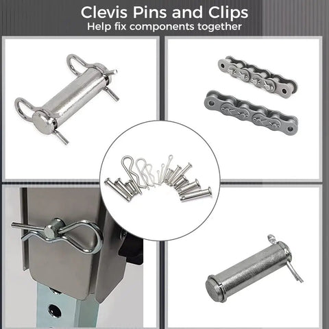 All In One Pro Grade Stainless Steel Fastener Kit 122 Piece Clevis Pins And Cotter Clips Set showing pins and clips details